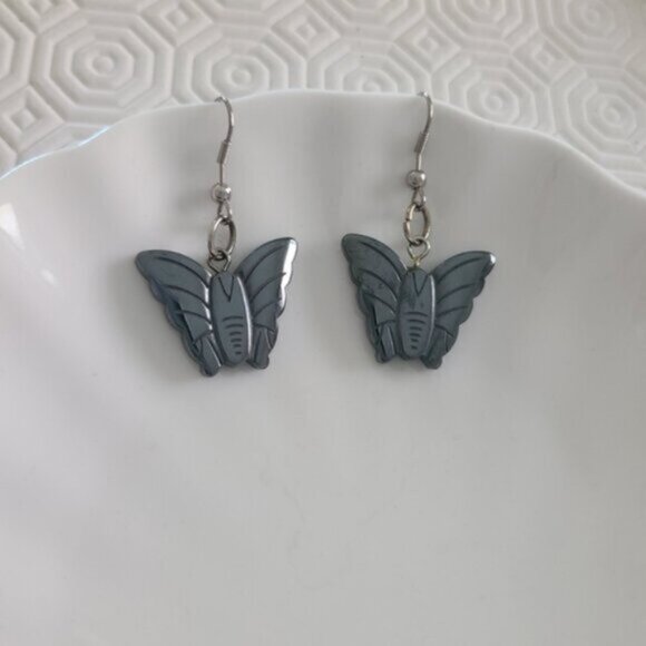 Vintage Boho Sterling Silver Carved Hematite Butterfly Dangle Drop Earrings - Picture 3 of 4